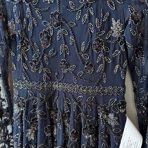 MAC DUGGAL Navy Beaded Illusion High Neck Long Sleeve A Line Dress NEW! S #10799 - Picture 7 of 13